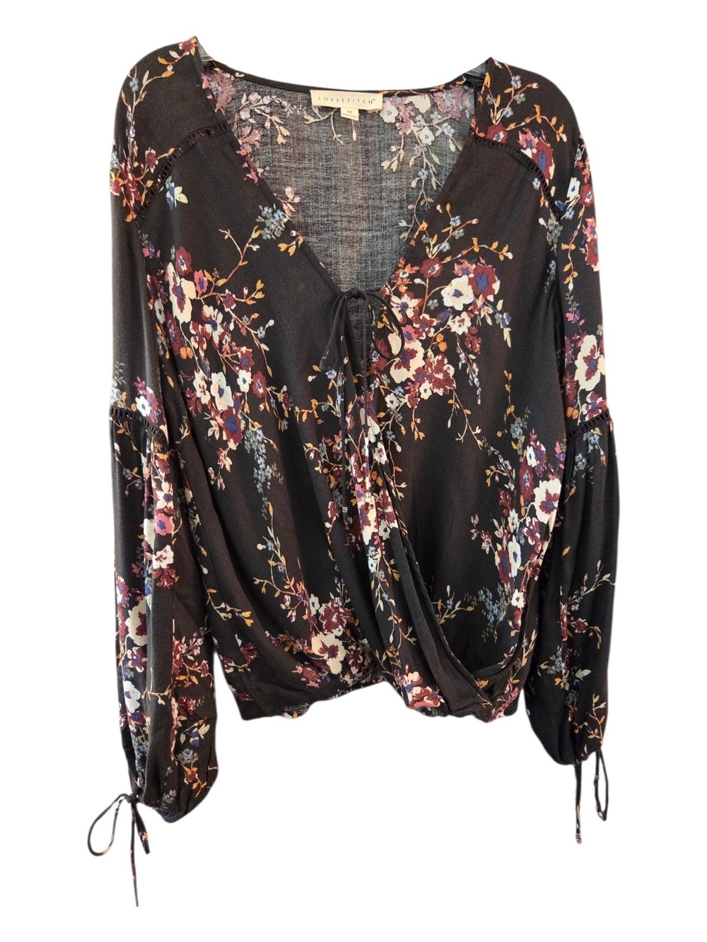 Lovestitch Black Floral Tie-Front Wrap Blouse - Size M